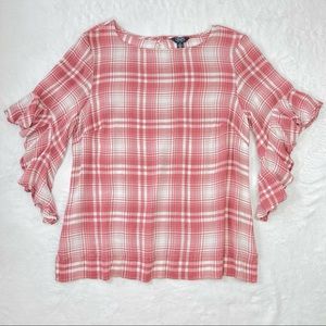 Chaps Plaid Ruffle-Sleeve Top Boatneck with 3/4 Bell Ruffle Sleeve size Large